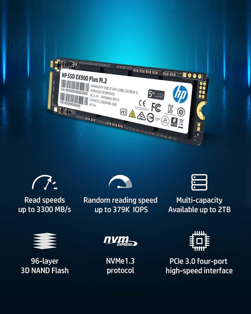 HP EX900 Plus 256GB NVMe SSD M.2 Gen3 x4, 8 Gb/s Internal Solid State Drive Up to 2000 MB/s Compatible with Laptop & Desktop PC