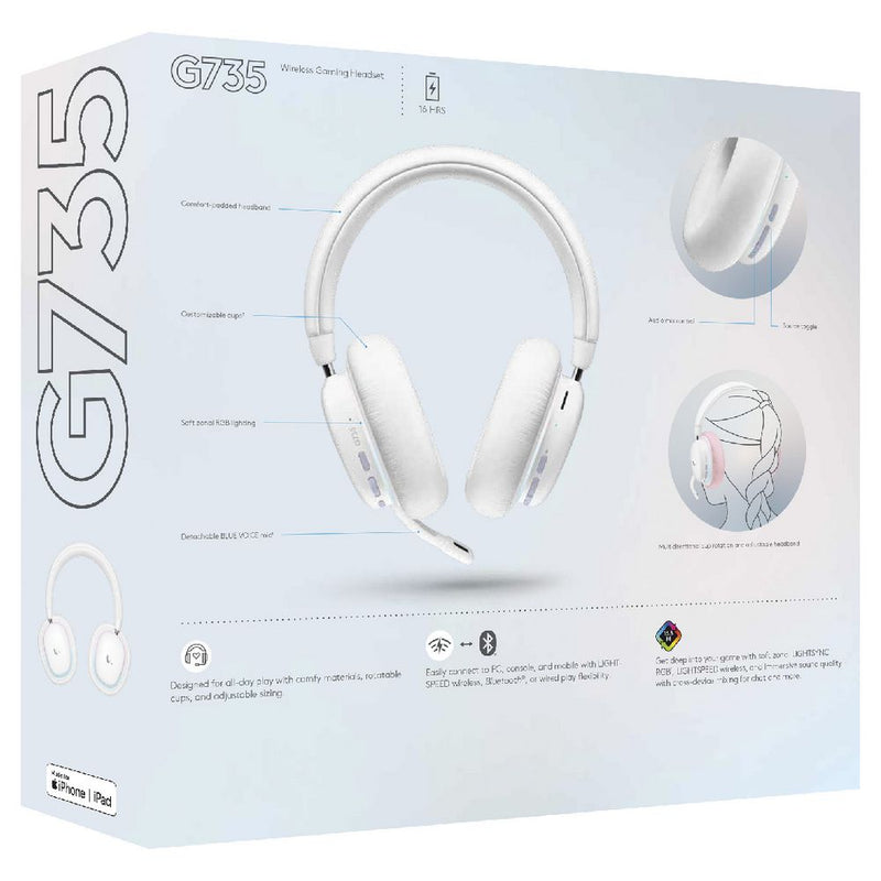 Logitech G735 Wireless Gaming Headset, Customizable LIGHTSYNC RGB Lighting, Bluetooth, 3.5 MM Aux Compatible with PC, Mobile Devices, Detachable Mic - White Mist