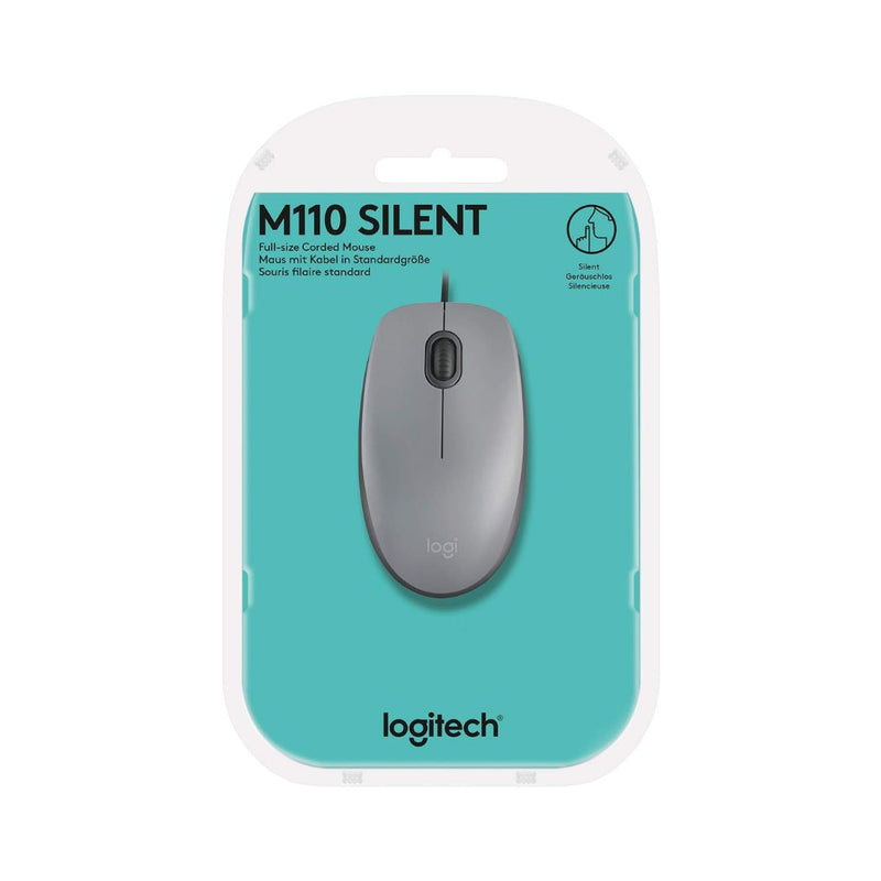 Logitech M110 Wired USB Mouse, Silent Buttons, Comfortable Full-Size Use Design, Ambidextrous PC/Mac/Laptop - Grey